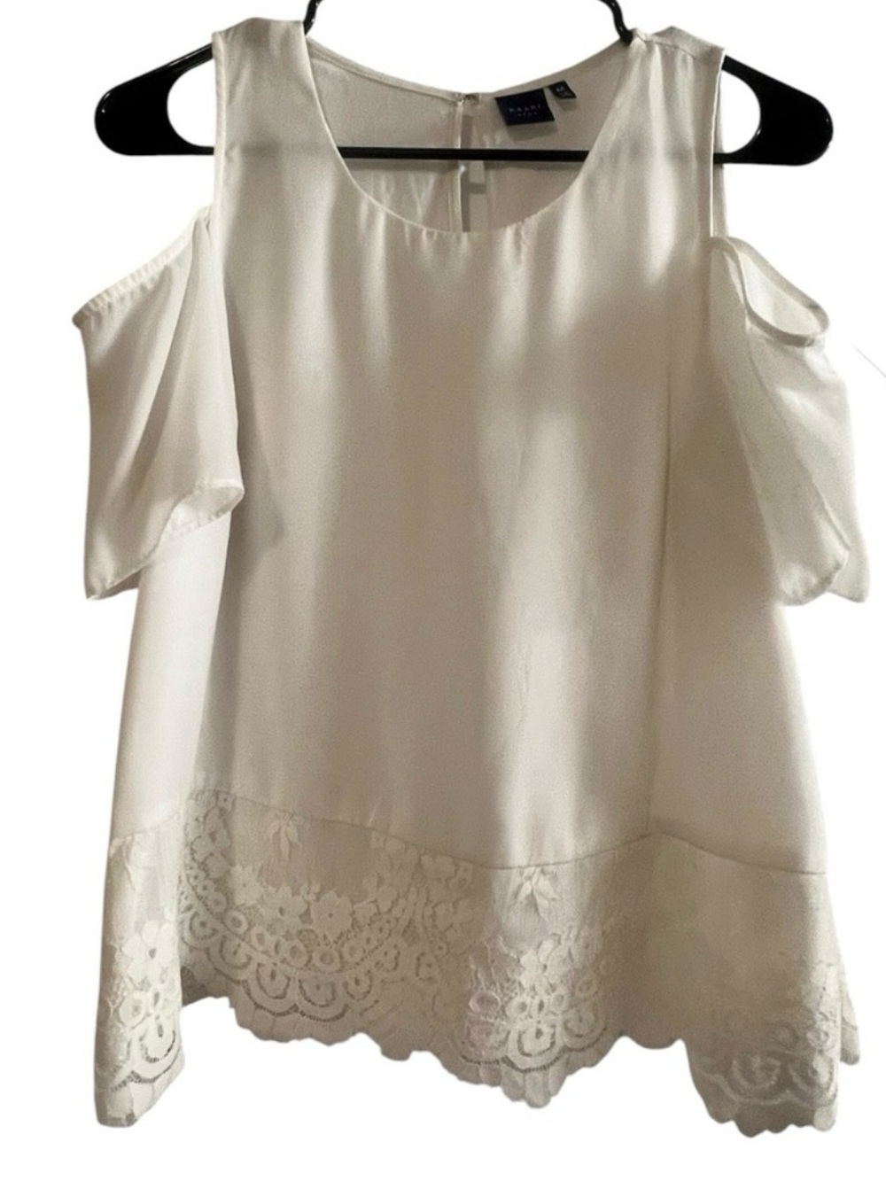 Kaari Blue White Cold-Shoulder Blouse with Lace Hem - Size Medium